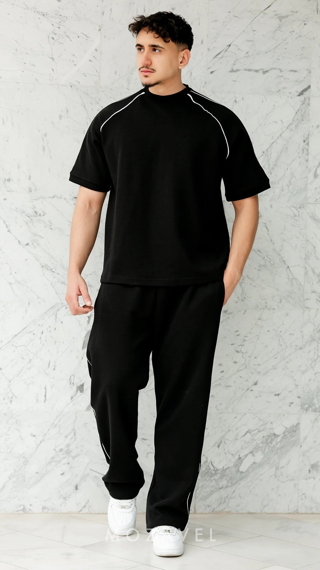Herren Set „Nova“ – T-Shirt & Hose mit Paspel Schwarz
