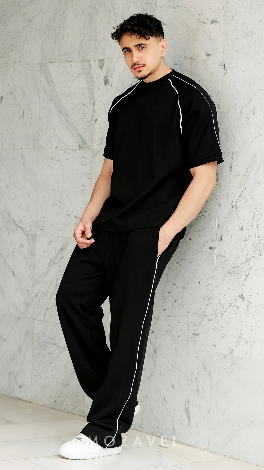 Herren Set „Nova“ – T-Shirt & Hose mit Paspel Schwarz