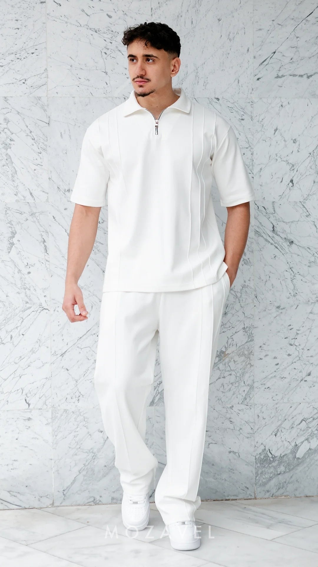 Herren Set „Vento“ – Zip-Poloshirt & Hose, Weiß None