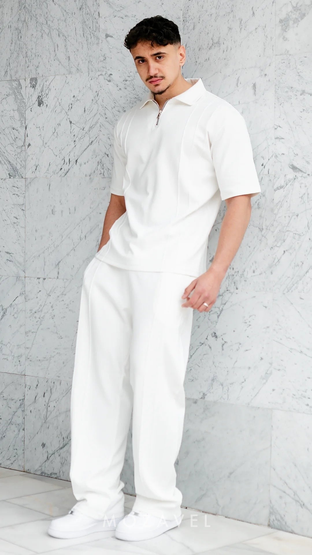 Herren Set „Vento“ – Zip-Poloshirt & Hose, Weiß None