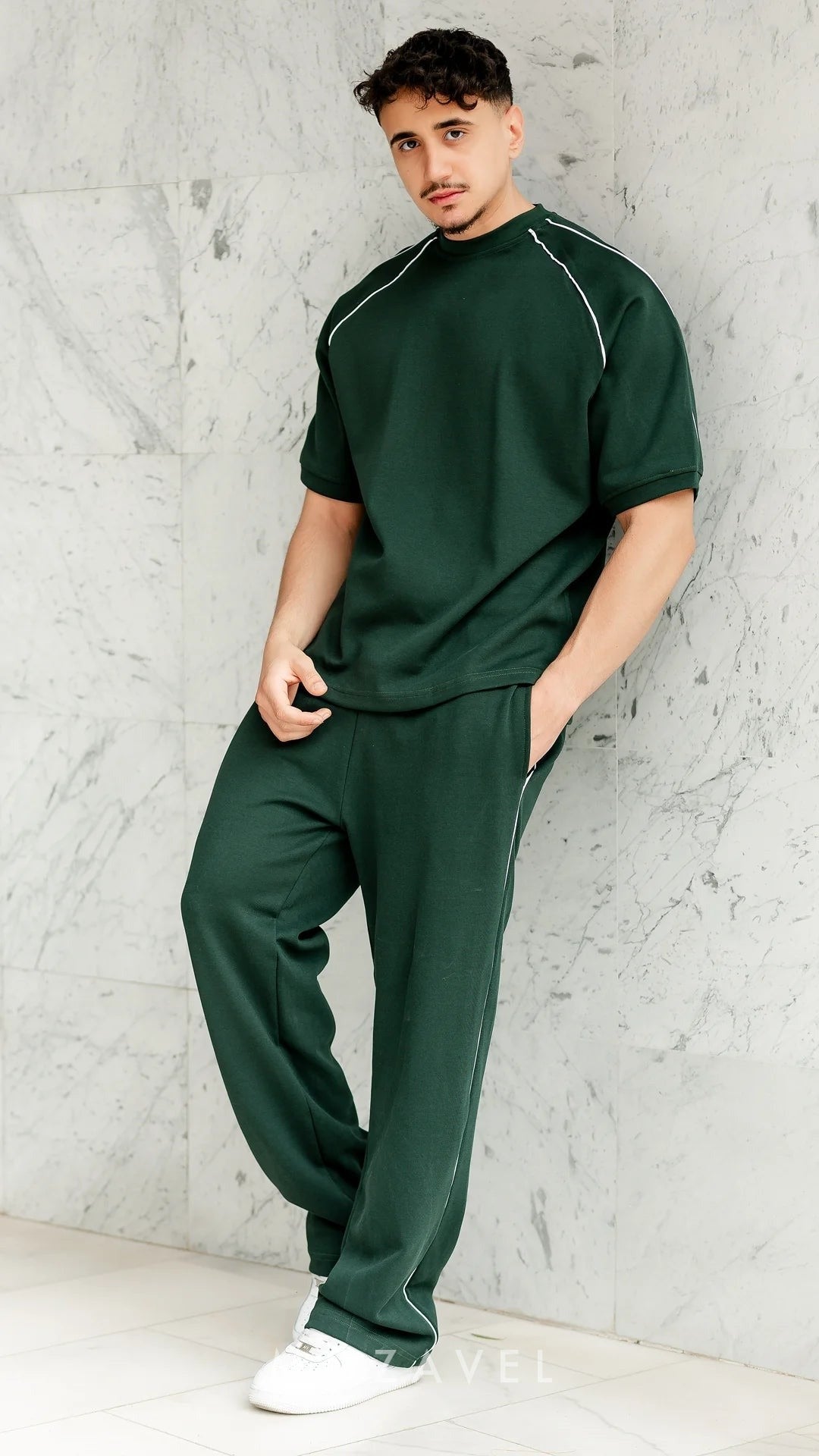 Herren Set „Nova“ – T-Shirt & Hose mit Paspel Dunkelgrün
