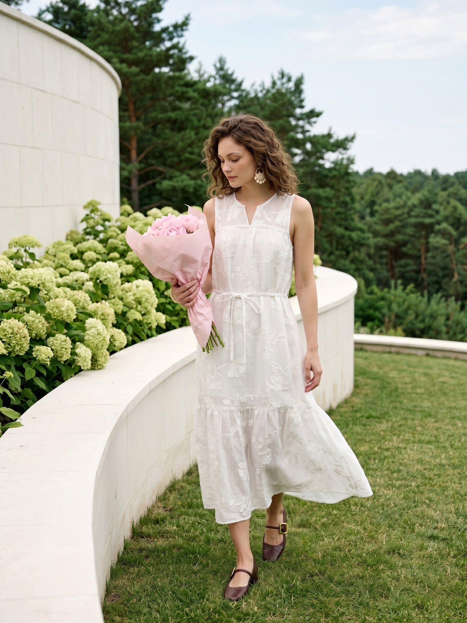 Linnen Maxi-jurk Set met Bloemen Applicatie