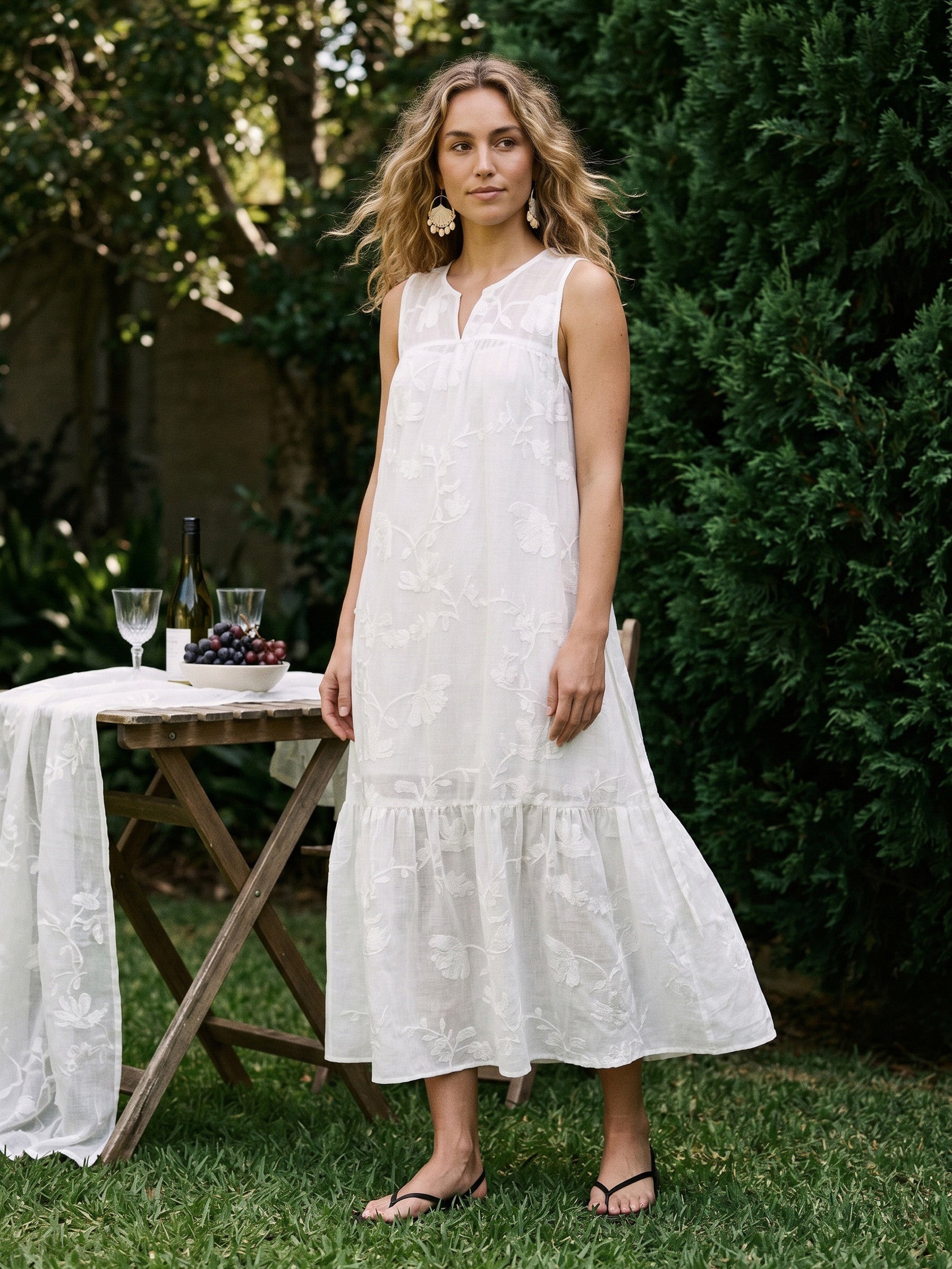 Linnen Maxi-jurk Set met Bloemen Applicatie