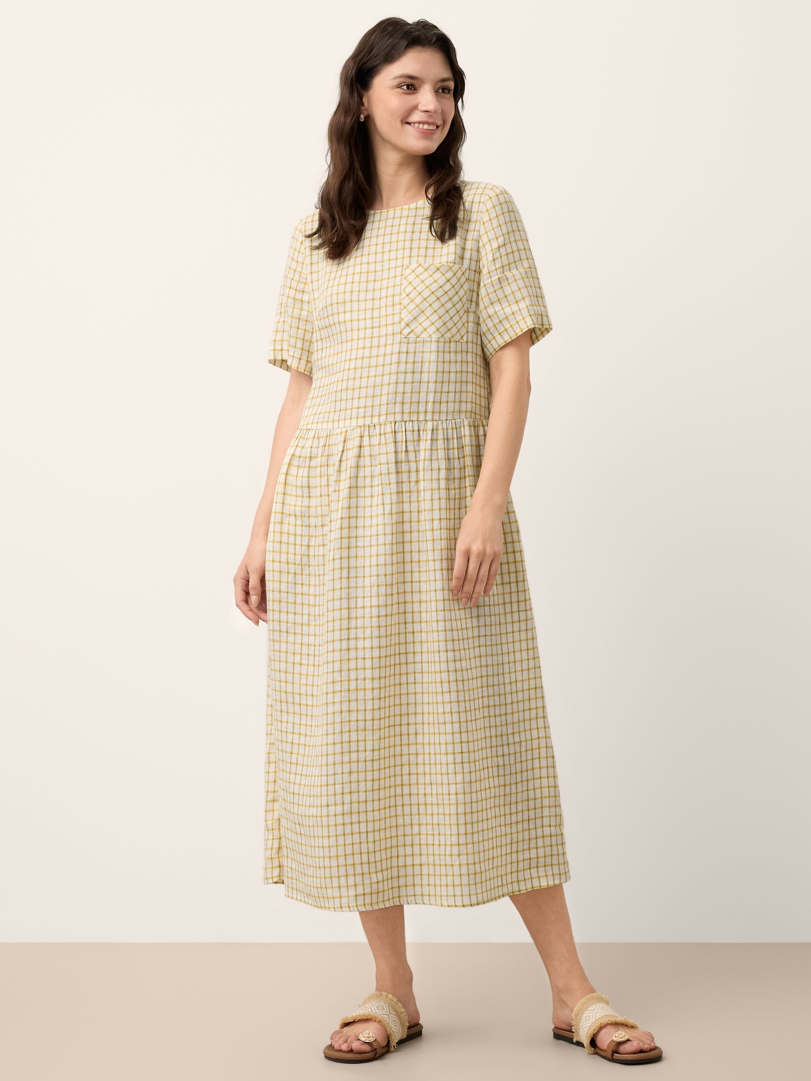 Linnen Geruite Midi-jurk met Knoopdetail
