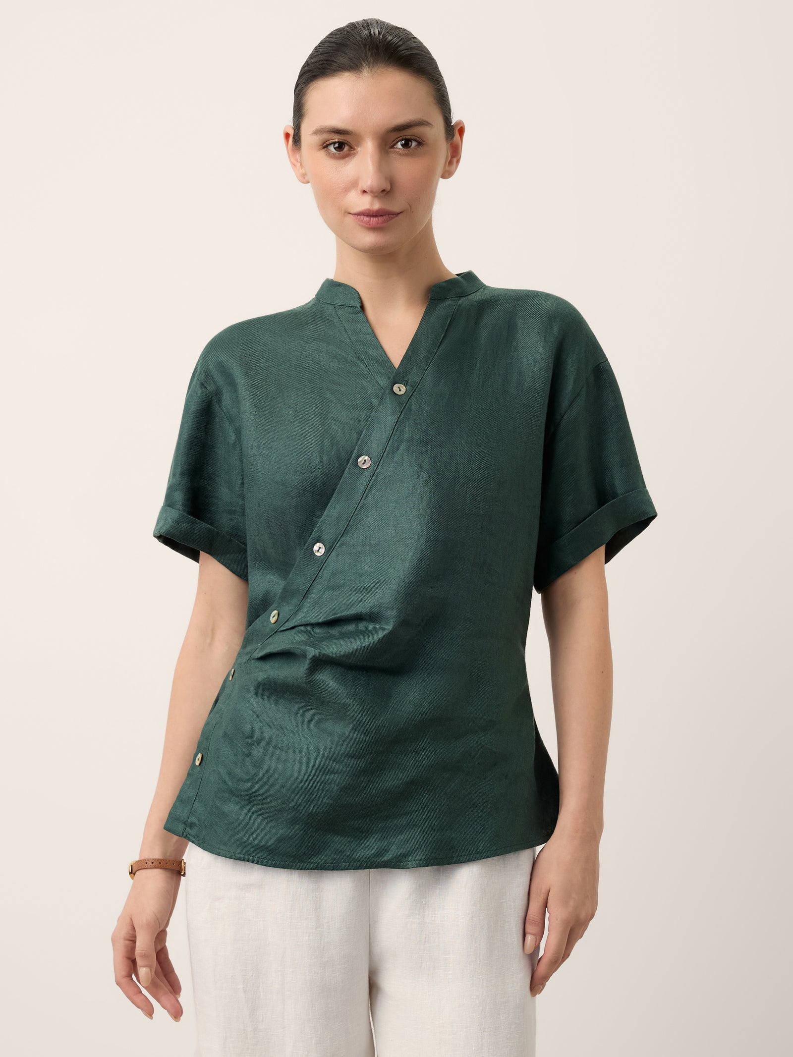 Linnen Wikkel Top met Elastische Taille