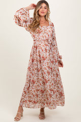 Cremefarbenes Umstands-Midikleid mit Blumenmuster, eckigem Ausschnitt und Bindeband vorne