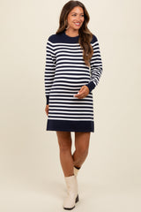 Marineblaues Umstands-Minikleid aus Strick mit Streifen und langen Ärmeln