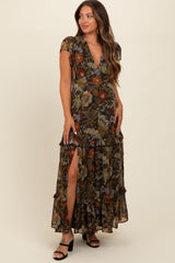 Schwarzes Umstands-Maxikleid mit Blumenmuster, tiefem V-Ausschnitt und Stufenrock