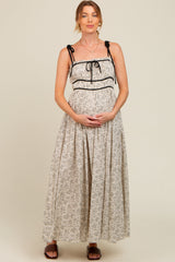 Florales Umstands-Maxikleid mit Kontrast-Zierband in Creme