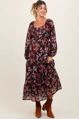 Braunes Umstands-Maxikleid mit Blumenmuster, V-Ausschnitt und Ballonärmeln
