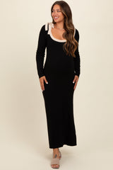 Schwarzes Umstands-Maxi-Pulloverkleid mit Schleifendetail an der Schulter