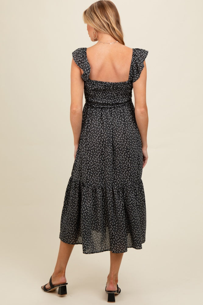 Umstands-Midikleid mit Rüschenträgern und Smok-Detail in Schwarz