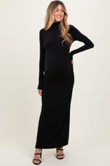Schwarzes figurbetontes Umstands-Maxikleid mit Rollkragen und langen Ärmeln