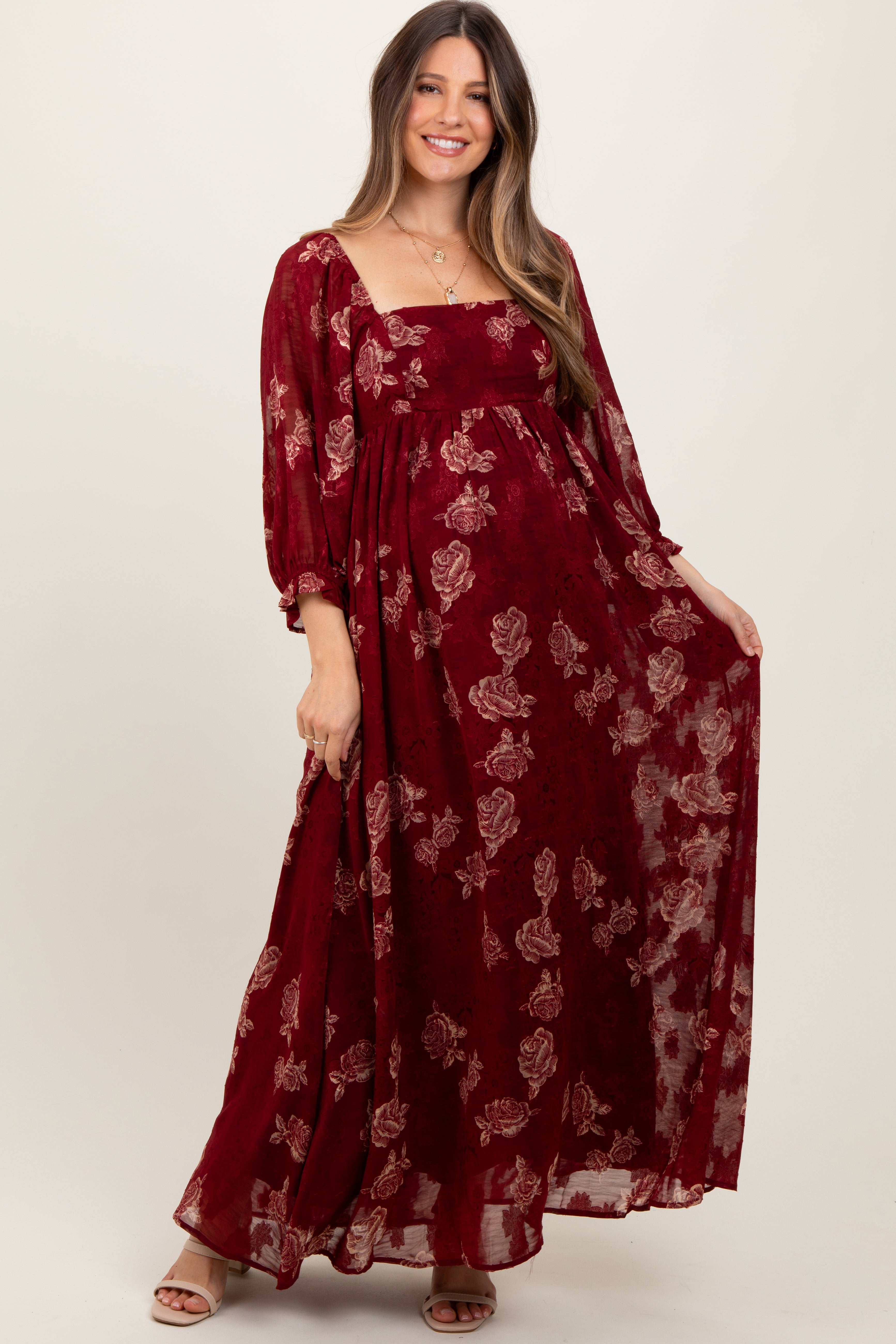 Strukturiertes Babydoll-Maxikleid im Bauernstil mit Blumenmuster