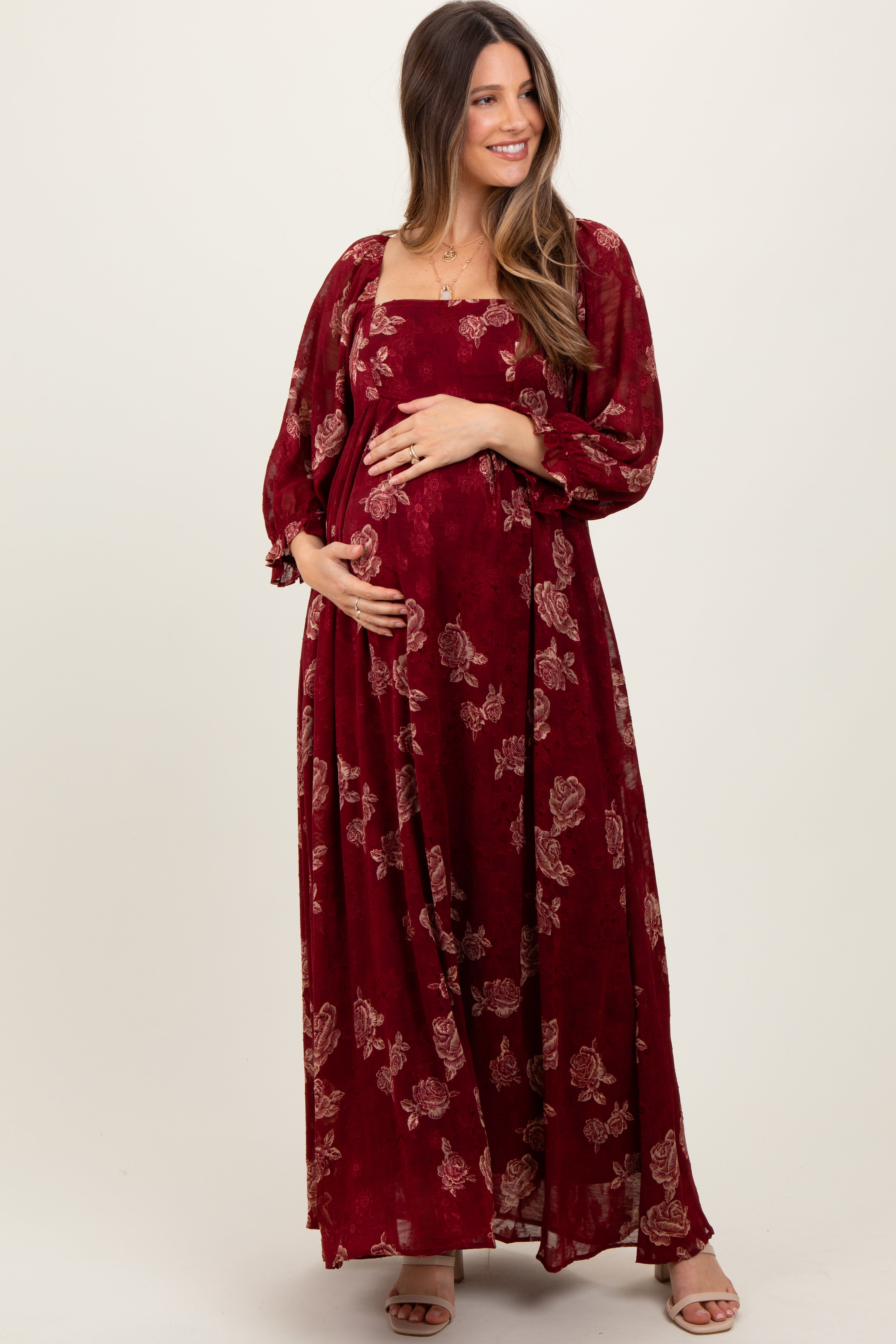 Strukturiertes Babydoll-Maxikleid im Bauernstil mit Blumenmuster