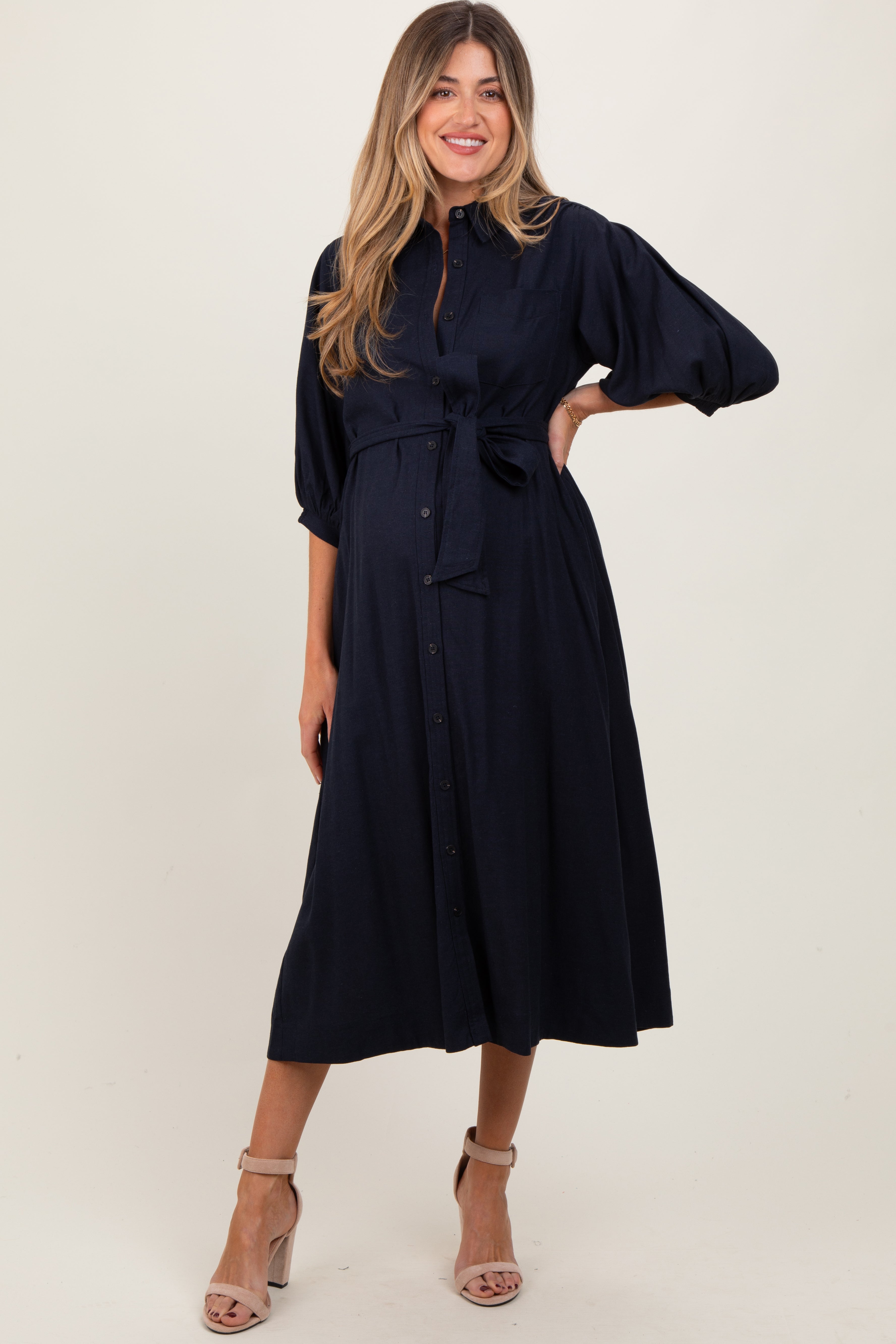 Marineblaues Umstands-Hemdblusenkleid in Midilänge mit 3/4-Ballonärmeln