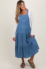 Umstands-Midikleid in Blau aus Chambray im Latzhosen-Stil mit Stufenrock