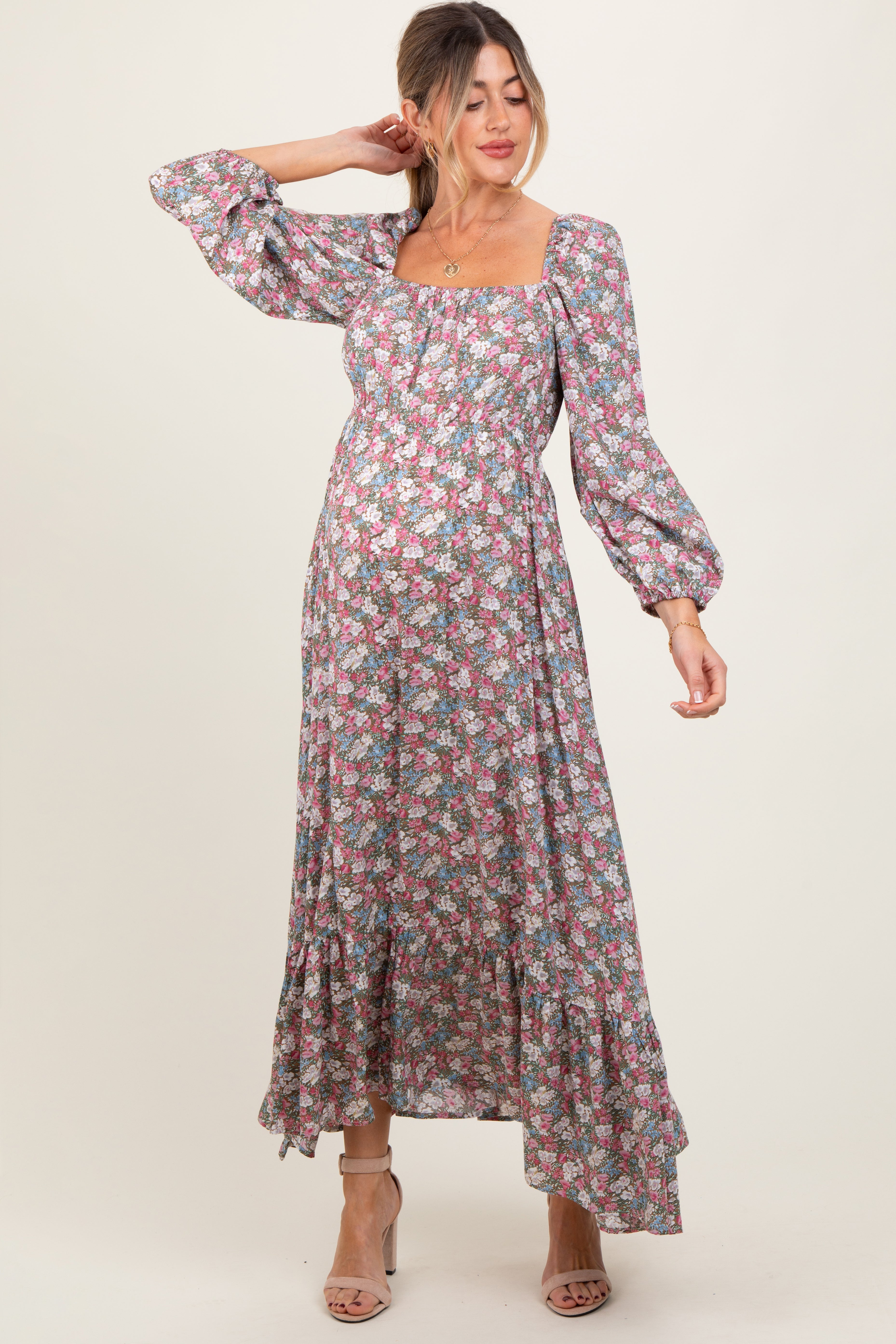 Geblümtes Wende-Umstands-Maxikleid in Rosa mit langen Ärmeln