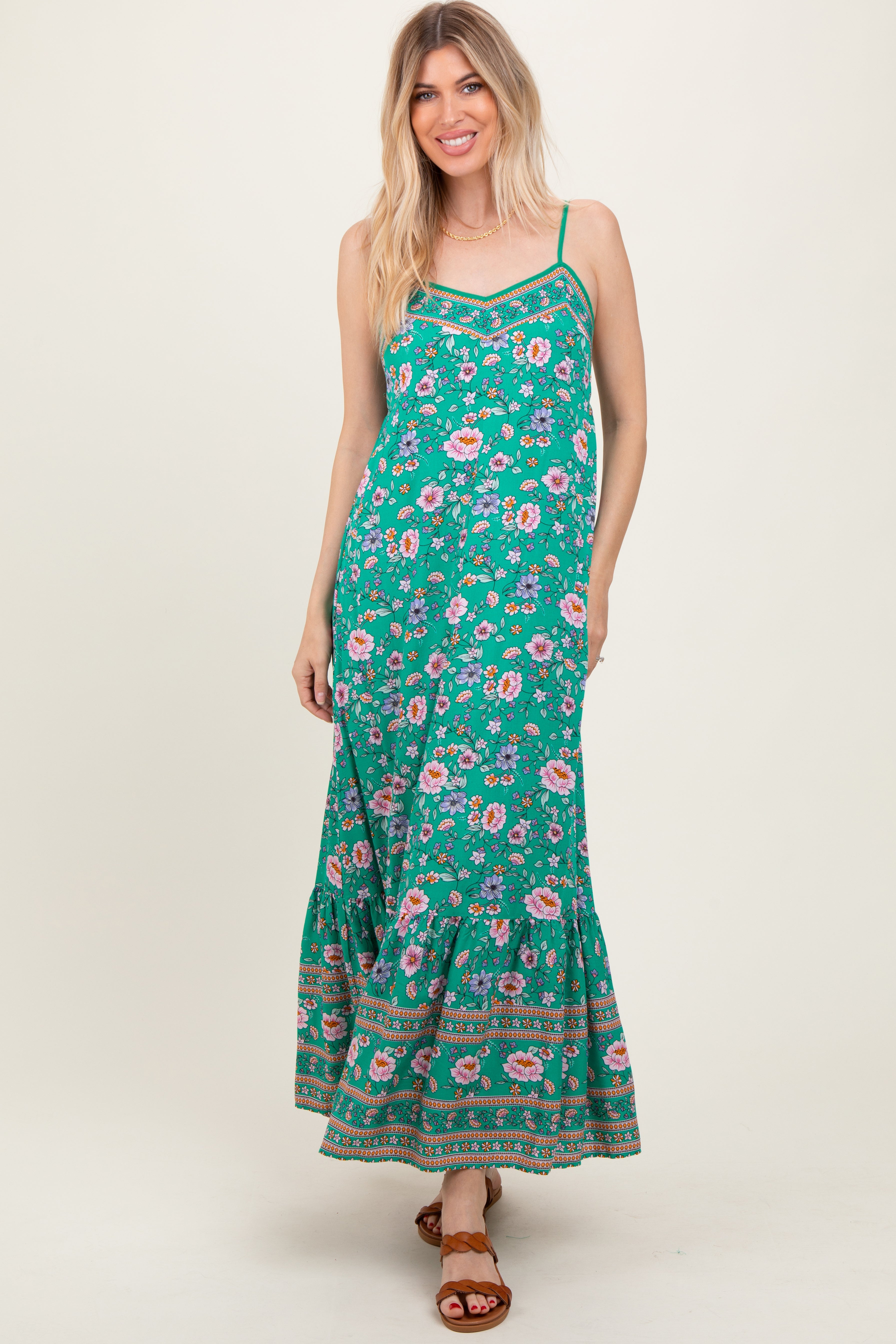Grünes Umstands-Maxikleid mit Blütenmuster und Rückenschnürung