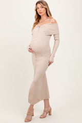 Beigefarbenes schulterfreies Umstands-Maxikleid im langen Cardigan-Stil
