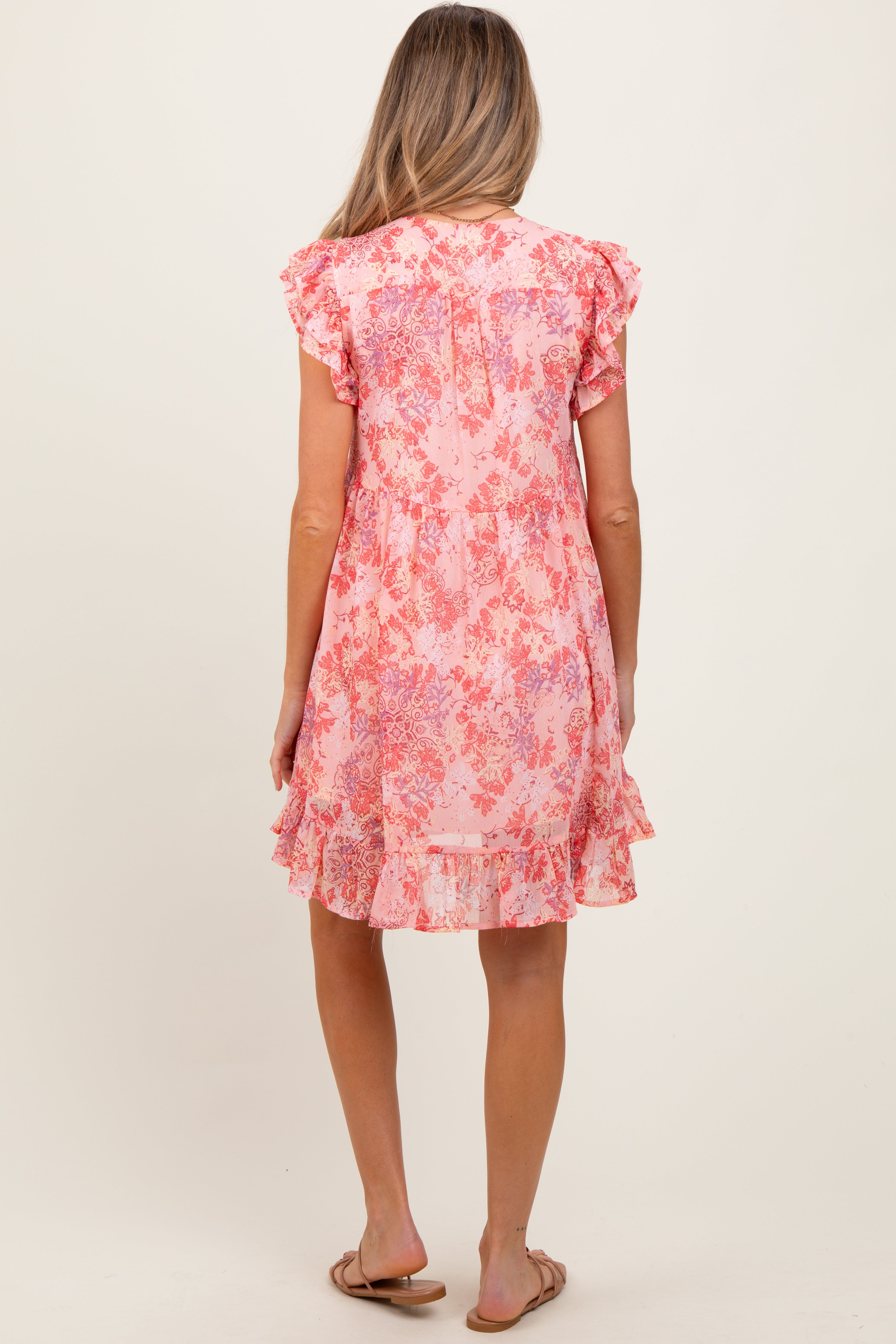 Geblümtes Umstands-Kleid in Rosa aus Chiffon mit Rüschen und kurzen Ärmeln