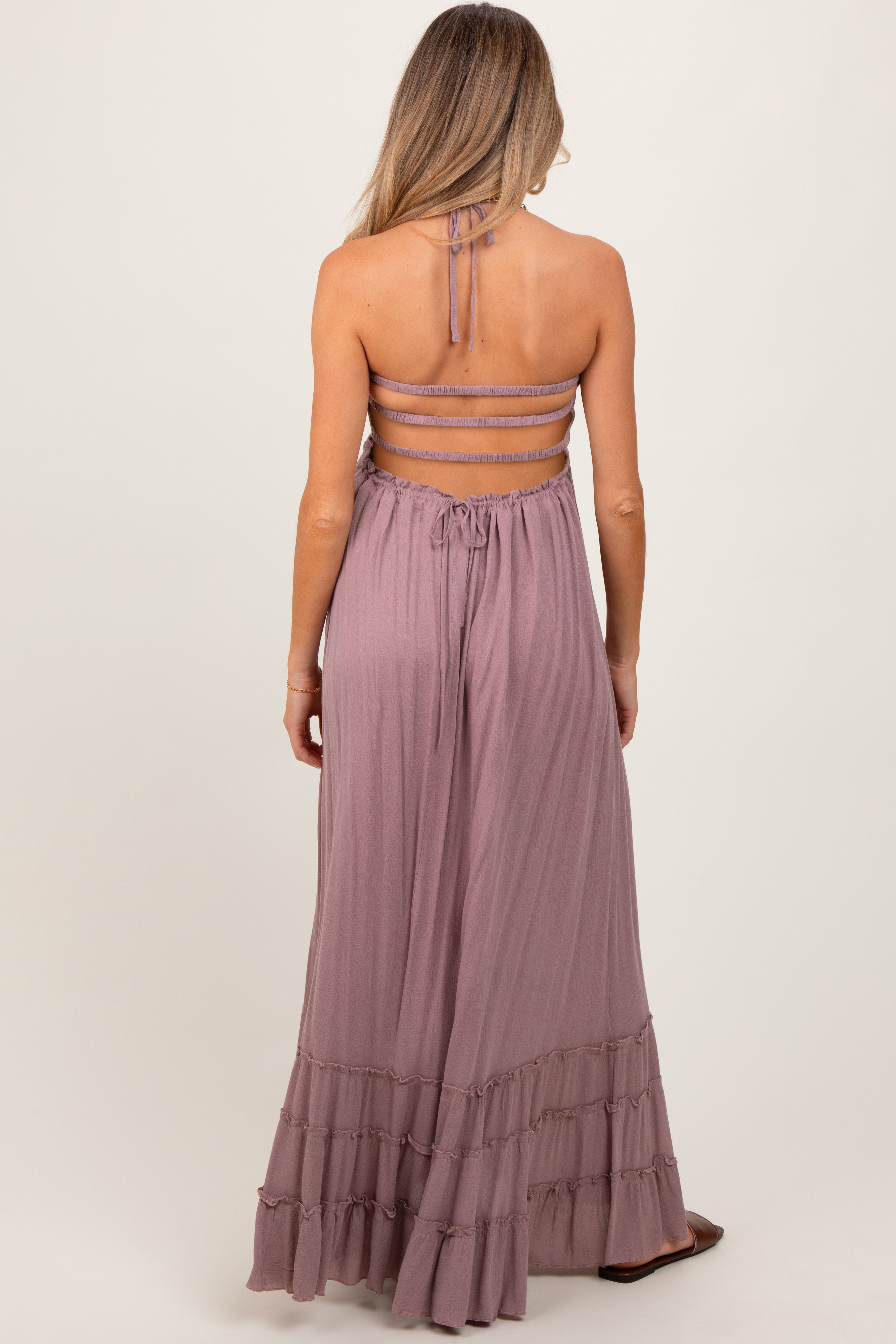 Mauvefarbenes Umstands-Maxikleid aus gesmoktem Webstoff