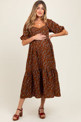 Umstands-Midikleid mit Blumenmuster, Herzausschnitt und Puffärmeln