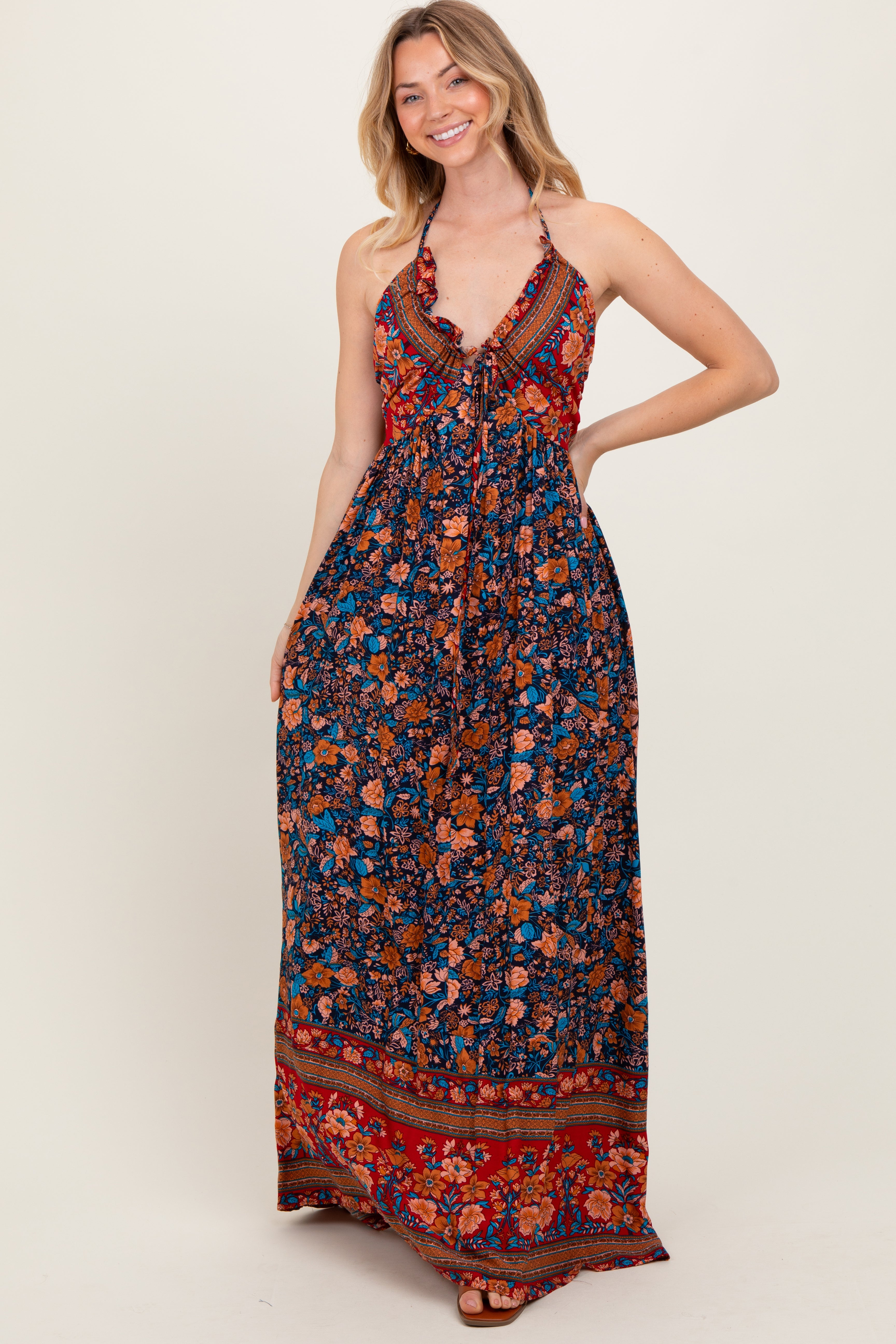 Marineblaues geblümtes Umstands-Maxikleid im Colorblock-Design mit Neckholder und Rückenbindung