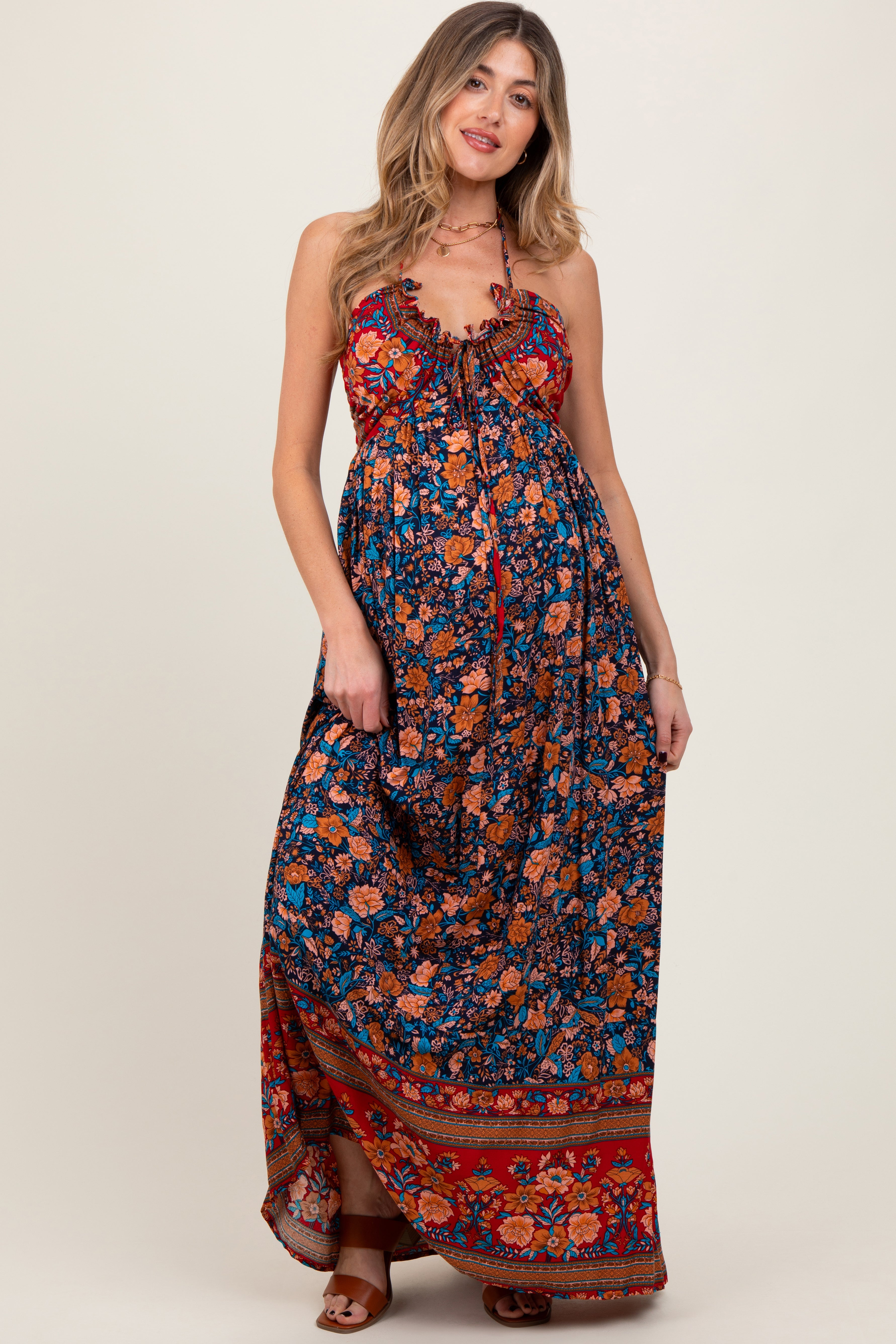 Marineblaues geblümtes Umstands-Maxikleid im Colorblock-Design mit Neckholder und Rückenbindung