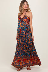 Marineblaues geblümtes Umstands-Maxikleid im Colorblock-Design mit Neckholder und Rückenbindung