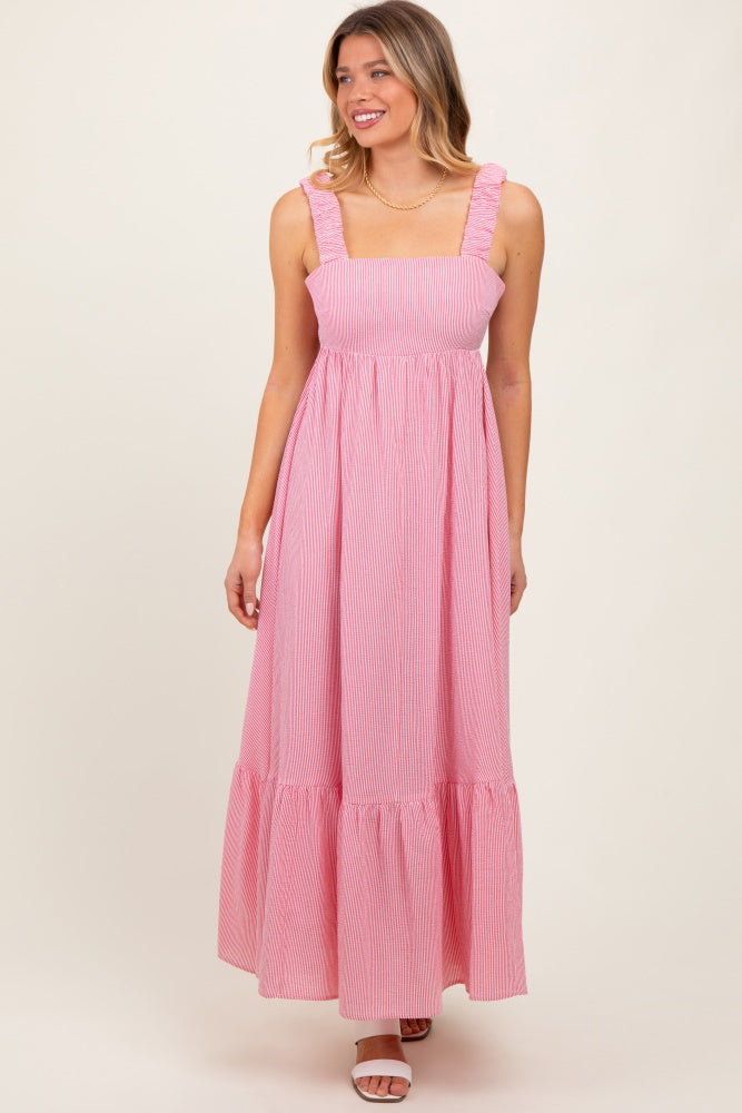 Umstands-Maxikleid mit gerafften Trägern, Rückenbindung und Rüschen in Rot
