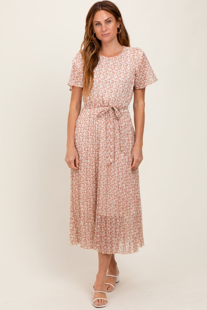 Cremefarbenes plissiertes Umstands-Midikleid mit Print