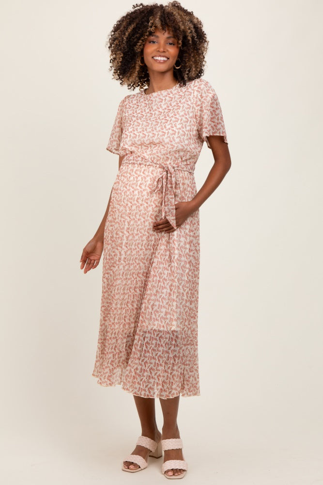 Cremefarbenes plissiertes Umstands-Midikleid mit Print