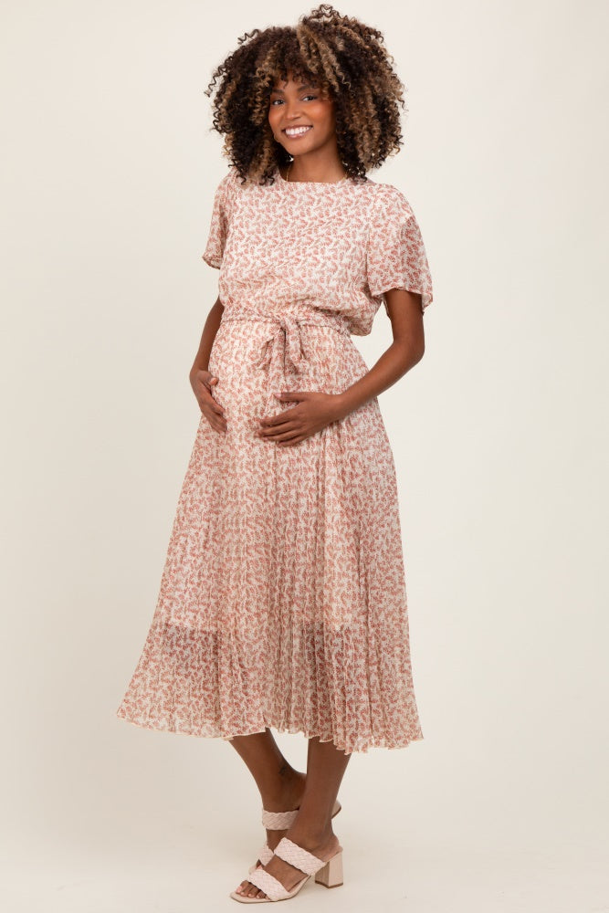 Cremefarbenes plissiertes Umstands-Midikleid mit Print