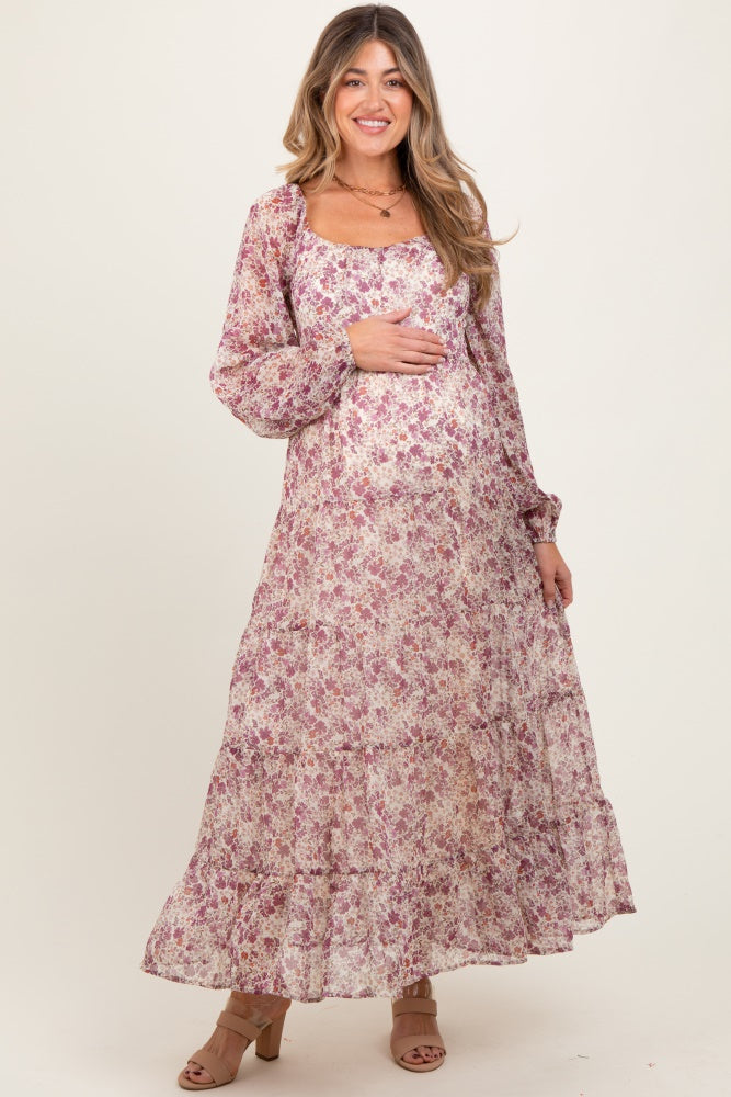 Geblümtes Umstands-Maxikleid in Mauve aus Chiffon
