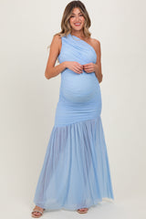 Gerafftes One-Shoulder-Umstands-Maxikleid aus Mesh
