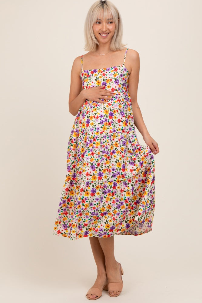 Elfenbeinfarbenes Umstands-Midikleid mit Blumenmuster und Cami-Trägern