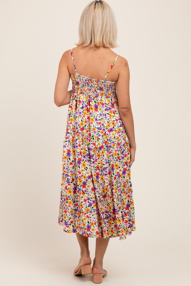 Elfenbeinfarbenes Umstands-Midikleid mit Blumenmuster und Cami-Trägern
