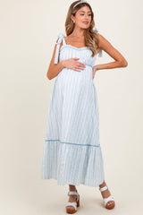 Elfenbeinfarbenes gestreiftes Umstandsmaxikleid mit Schleifenband