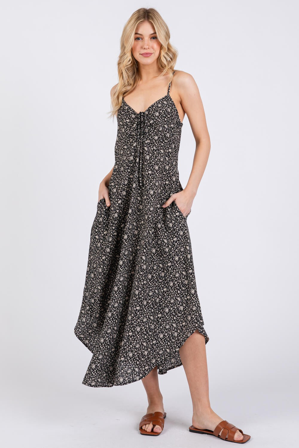 Umstands-Midikleid mit Blumenmuster und Bindedetail vorne in Schwarz