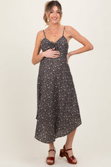 Umstands-Midikleid mit Blumenmuster und Bindedetail vorne in Schwarz