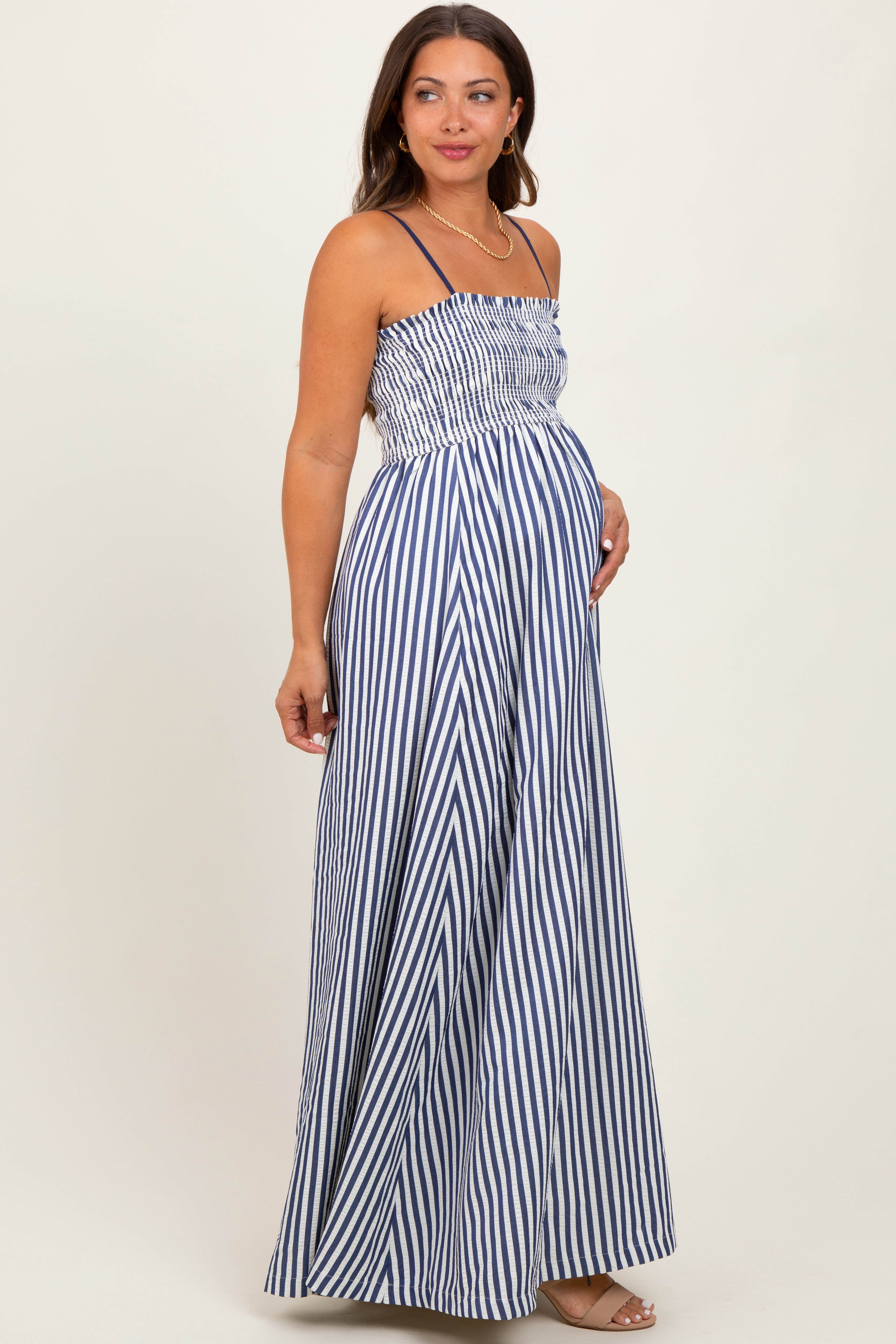 Ärmelloses Umstands-Maxikleid aus Popeline mit Smok-Detail und Streifen in Marineblau