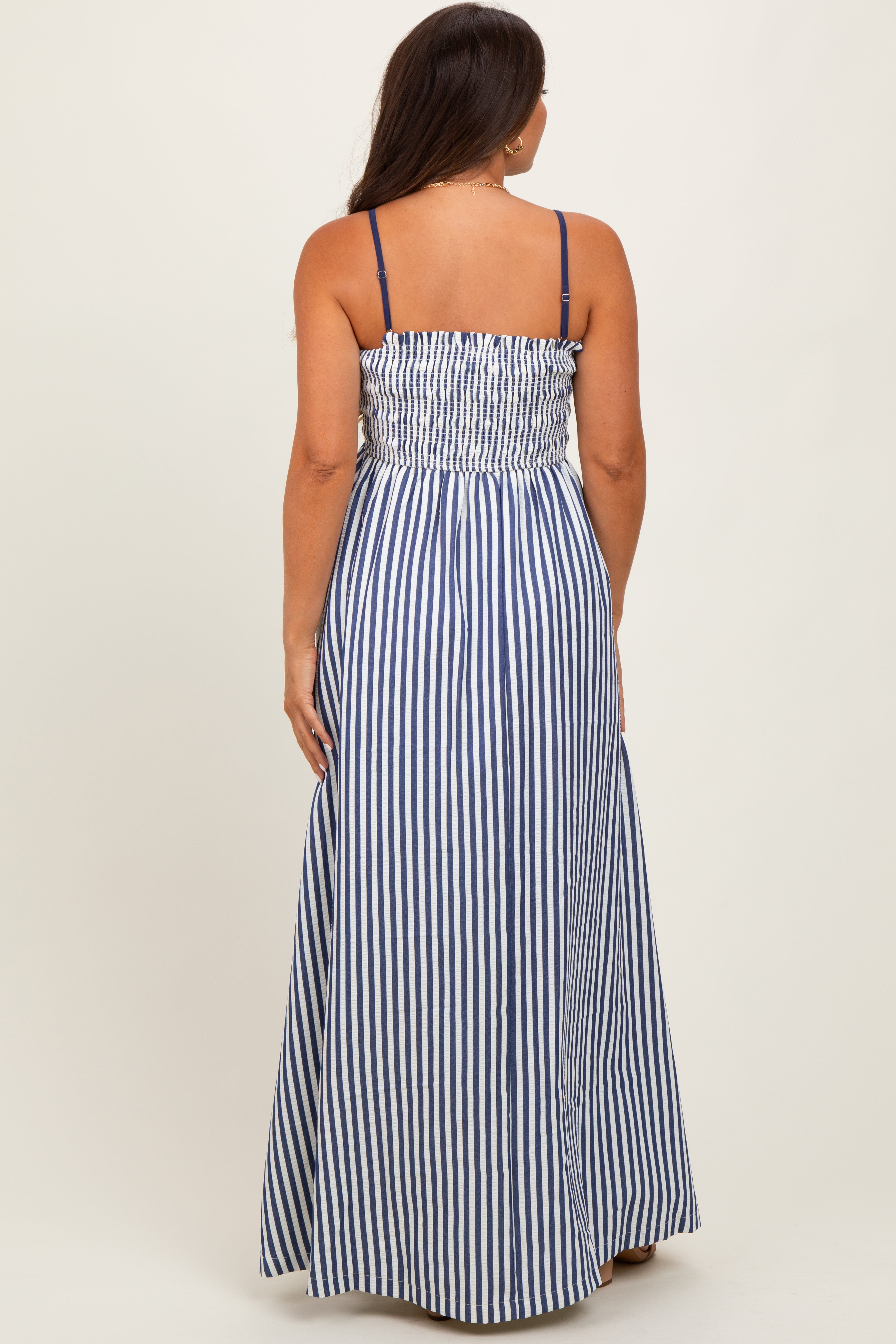 Ärmelloses Umstands-Maxikleid aus Popeline mit Smok-Detail und Streifen in Marineblau