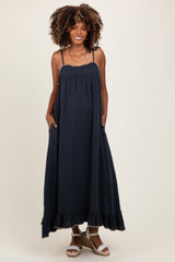 Marineblaues Umstands-Maxikleid mit Wellenkante und Schulterbindung