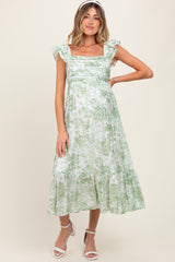 Hellolivfarbenes Umstands-Midikleid mit Blumenmuster, Volantträgern und plissiertem Oberteil