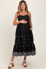 Schwarzes besticktes Umstands-Midikleid mit Schulterbändern