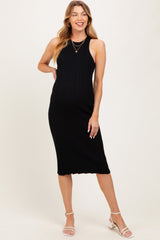 Schwarzes Umstands-Midikleid im Rippstrick mit Rundhalsausschnitt und Bodycon-Schnitt