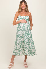Hellolivfarbenes ärmelloses Umstands-Midikleid mit Blumenmuster