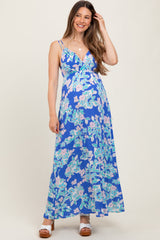 Blaues Umstands-Maxikleid mit Blumenmuster, V-Ausschnitt und Doppelträgern