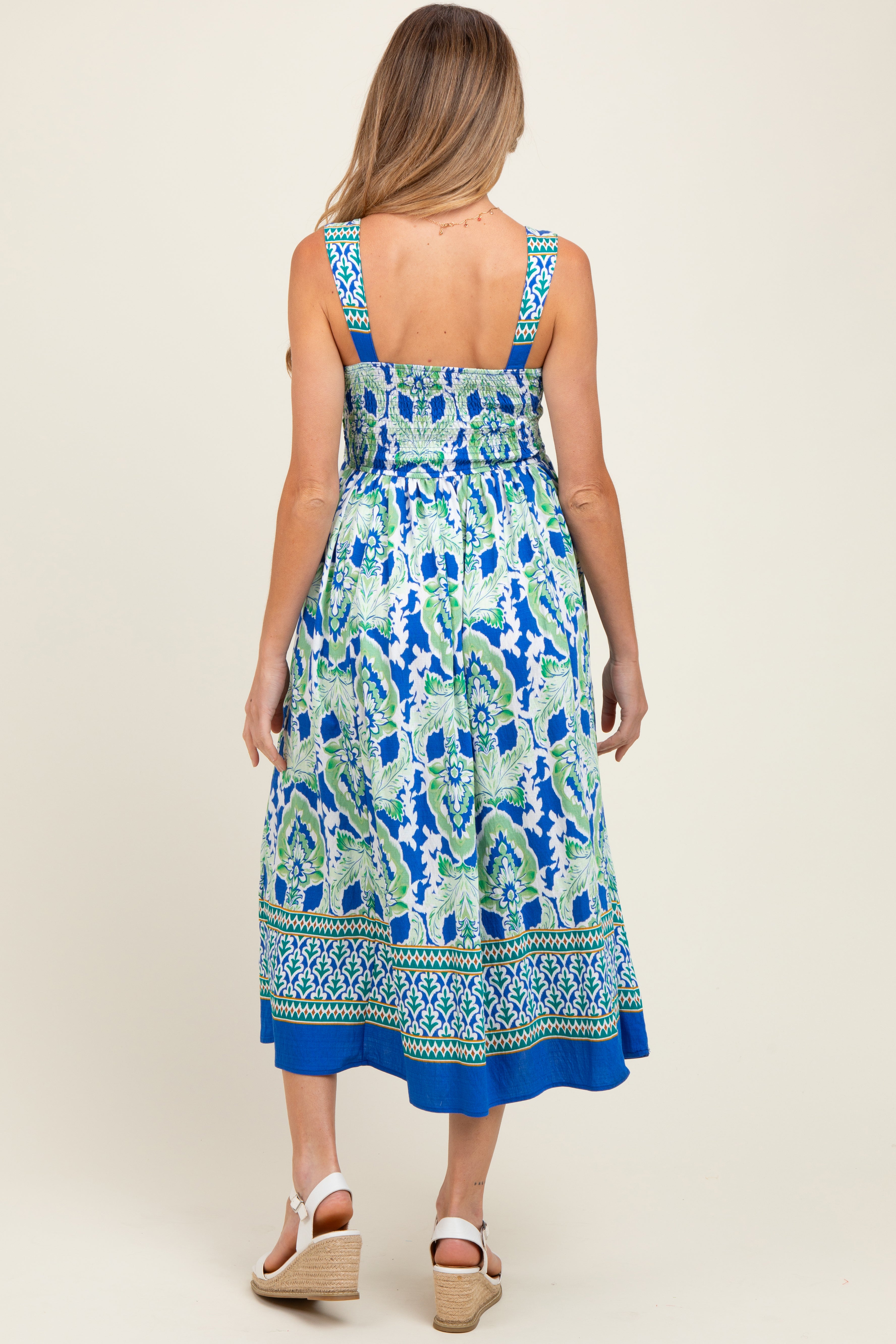 Royalblaues ärmelloses Umstands-Midikleid mit Blumenmuster und Smok